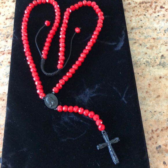 Red and black CZ rosary cross Jesus long necklace